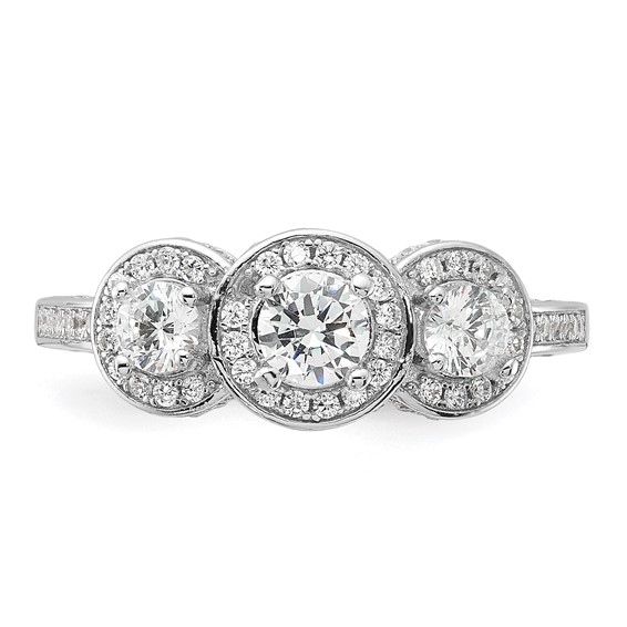Cheryl M Sterling Silver Rhodium-plated Brilliant-cut CZ Three Stone Halo w/ Side Stones Ring
