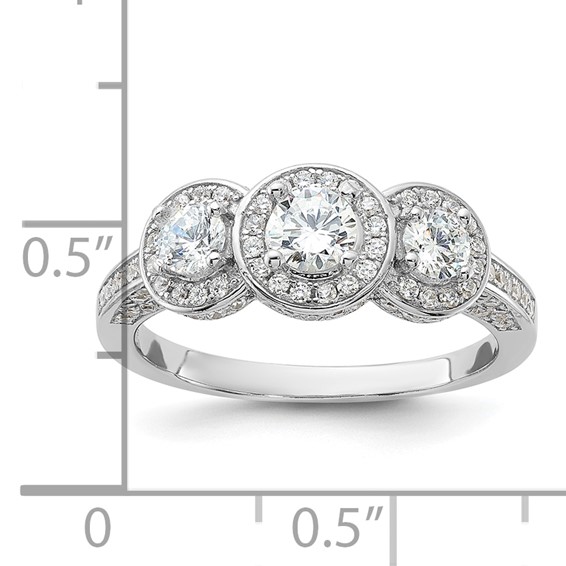 Cheryl M Sterling Silver Rhodium-plated Brilliant-cut CZ Three Stone Halo w/ Side Stones Ring