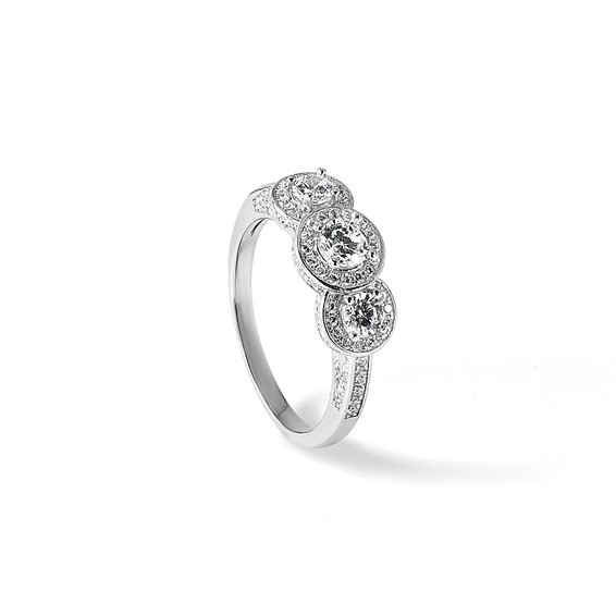 Cheryl M Sterling Silver Rhodium-plated Brilliant-cut CZ Three Stone Halo w/ Side Stones Ring