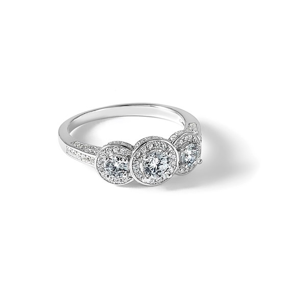 Cheryl M Sterling Silver Rhodium-plated Brilliant-cut CZ Three Stone Halo w/ Side Stones Ring