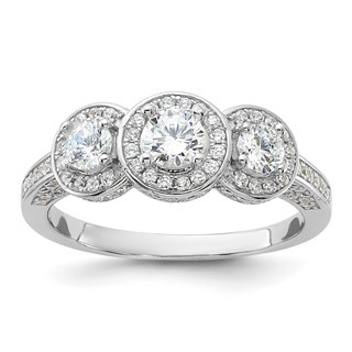 Cheryl M Sterling Silver Rhodium-plated Brilliant-cut CZ Three Stone Halo w/ Side Stones Ring