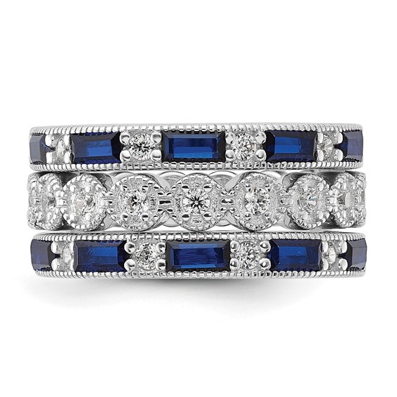 Cheryl M Sterling Silver Rhodium-plated Emerald-cut & Brilliant-cut Blue and White CZ Three Piece Eternity Ring Set