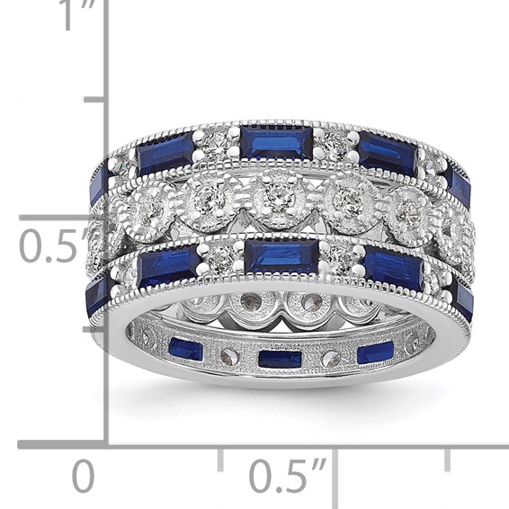 Cheryl M Sterling Silver Rhodium-plated Emerald-cut & Brilliant-cut Blue and White CZ Three Piece Eternity Ring Set