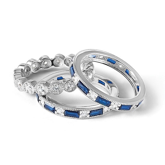 Cheryl M Sterling Silver Rhodium-plated Emerald-cut & Brilliant-cut Blue and White CZ Three Piece Eternity Ring Set