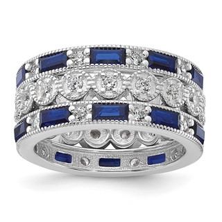 Cheryl M Sterling Silver Rhodium-plated Emerald-cut & Brilliant-cut Blue and White CZ Three Piece Eternity Ring Set