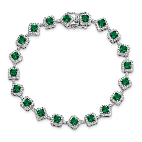 Cheryl M Sterling Silver Rhodium-plated Fancy Cushion-cut Green Glass and Brilliant-cut White CZ 7.5 Inch Bracelet