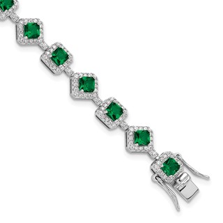 Cheryl M Sterling Silver Rhodium-plated Fancy Cushion-cut Green Glass and Brilliant-cut White CZ 7.5 Inch Bracelet