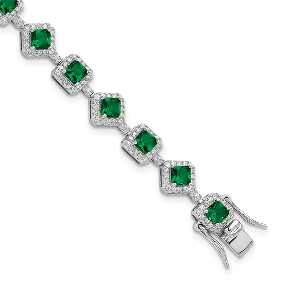 Cheryl M Sterling Silver Rhodium-plated Fancy Cushion-cut Green Glass and Brilliant-cut White CZ 7.5 Inch Bracelet