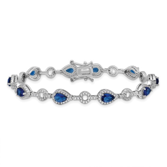 Cheryl M Sterling Silver Rhodium-plated Fancy Brilliant-cut Blue Glass & Brilliant-cut White CZ Circle and Teardrop 7.5 Inch Bracelet