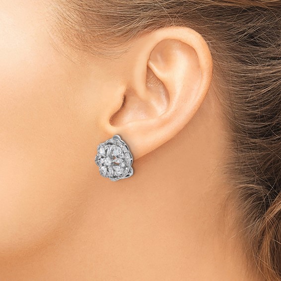 Cheryl M Sterling Silver Rhodium-plated Brilliant-cut and Marquise-cut CZ Flower Post Omega Earrings