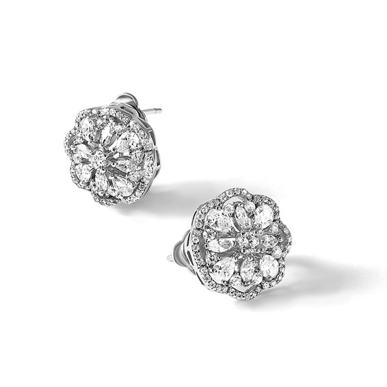 Cheryl M Sterling Silver Rhodium-plated Brilliant-cut and Marquise-cut CZ Flower Post Omega Earrings