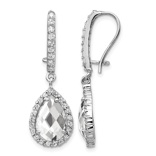 Cheryl M Sterling Silver Rhodium-plated Checkerboard-cut Pear Shaped and Brilliant-cut CZ Halo Kidney Wire Dangle Earrings