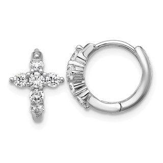 Cheryl M Sterling Silver Rhodium-plated Polished CZ Cross Hinged Round Hoop Earrings