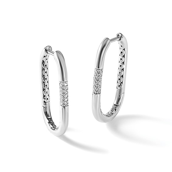 Cheryl M Sterling Silver Rhodium-plated Polished CZ Oval Hinged Hoop Earrings