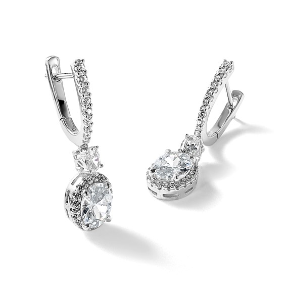 Cheryl M Sterling Silver Rhodium-plated Polished Fancy Oval CZ Halo Hinged Post Dangle Earrings