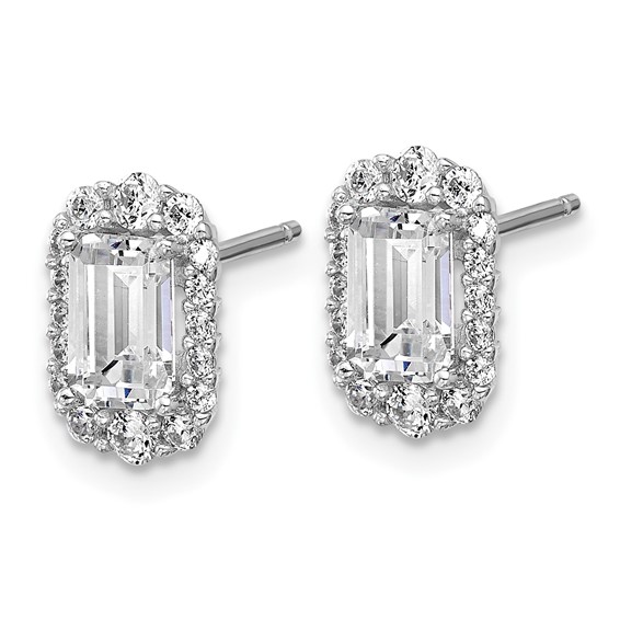 Cheryl M Sterling Silver Rhodium-plated Polished Emerald-cut CZ Halo Post Earrings