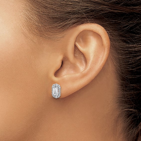 Cheryl M Sterling Silver Rhodium-plated Polished Emerald-cut CZ Halo Post Earrings