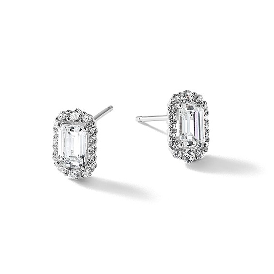 Cheryl M Sterling Silver Rhodium-plated Polished Emerald-cut CZ Halo Post Earrings