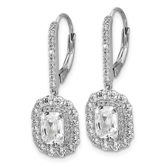Cheryl M Sterling Silver Rhodium-plated Polished Fancy Emerald-cut CZ Halo Dangle Leverback Earrings