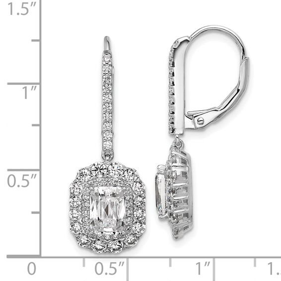 Cheryl M Sterling Silver Rhodium-plated Polished Fancy Emerald-cut CZ Halo Dangle Leverback Earrings
