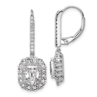 Cheryl M Sterling Silver Rhodium-plated Polished Fancy Emerald-cut CZ Halo Dangle Leverback Earrings