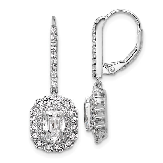 Cheryl M Sterling Silver Rhodium-plated Polished Fancy Emerald-cut CZ Halo Dangle Leverback Earrings