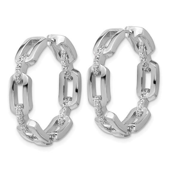 Cheryl M Sterling Silver Rhodium-plated Polished CZ Link In and Out Hinged Round Hoop Earrings