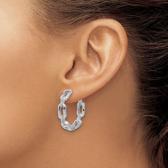 Cheryl M Sterling Silver Rhodium-plated Polished CZ Link In and Out Hinged Round Hoop Earrings