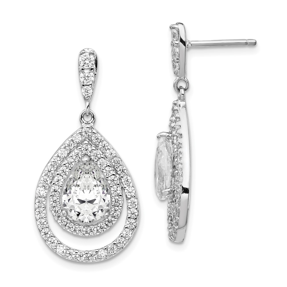 Sterling Silver Cheryl M Rhodium-plated Double Pear CZ Post Dangle Earring