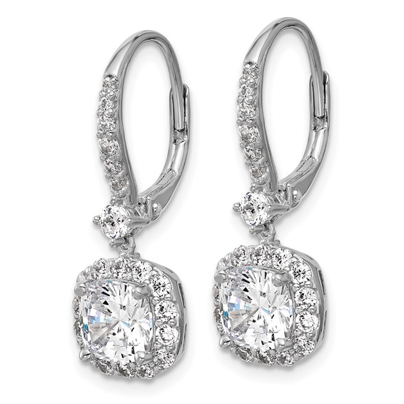 Cheryl M Sterling Silver Rhodium-plated Polished Cushion-cut CZ Halo Dangle Leverback Earrings