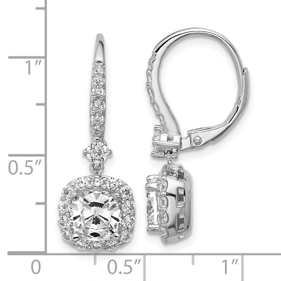 Cheryl M Sterling Silver Rhodium-plated Polished Cushion-cut CZ Halo Dangle Leverback Earrings