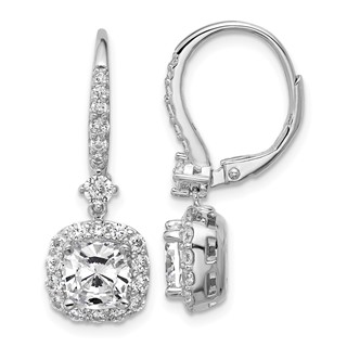 Cheryl M Sterling Silver Rhodium-plated Polished Cushion-cut CZ Halo Dangle Leverback Earrings