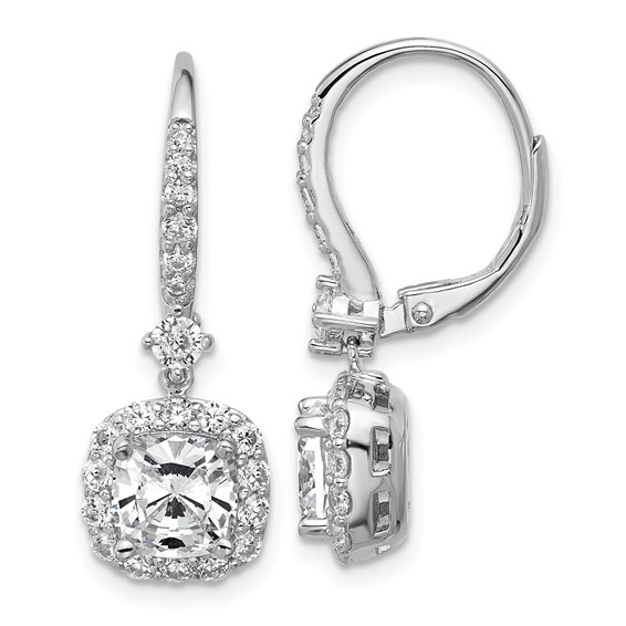 Cheryl M Sterling Silver Rhodium-plated Polished Cushion-cut CZ Halo Dangle Leverback Earrings