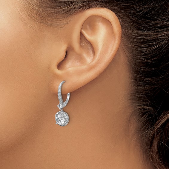 Cheryl M Sterling Silver Rhodium-plated Polished Round CZ Halo Leverback Dangle Earrings