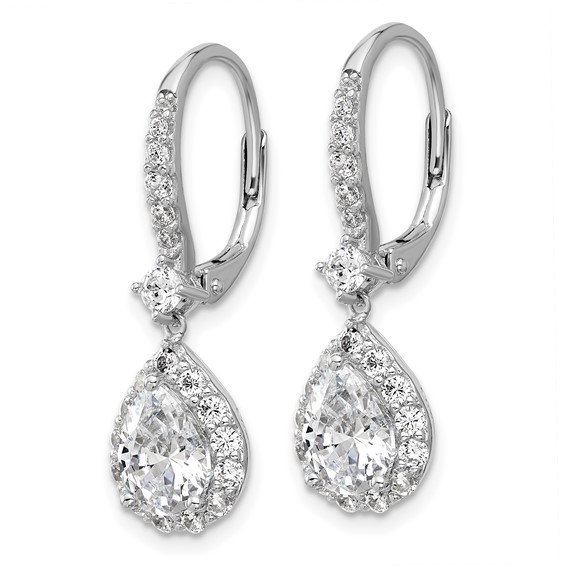 Cheryl M Sterling Silver Rhodium-plated Polished Pear CZ Halo Leverback Dangle Earrings