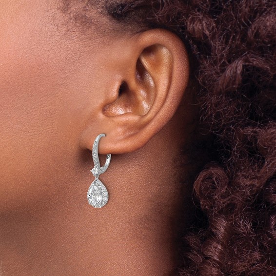 Cheryl M Sterling Silver Rhodium-plated Polished Pear CZ Halo Leverback Dangle Earrings