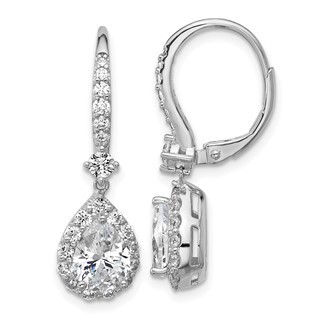 Cheryl M Sterling Silver Rhodium-plated Polished Pear CZ Halo Leverback Dangle Earrings