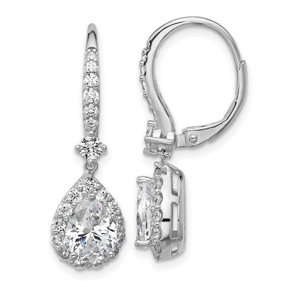 Cheryl M Sterling Silver Rhodium-plated Polished Pear CZ Halo Leverback Dangle Earrings