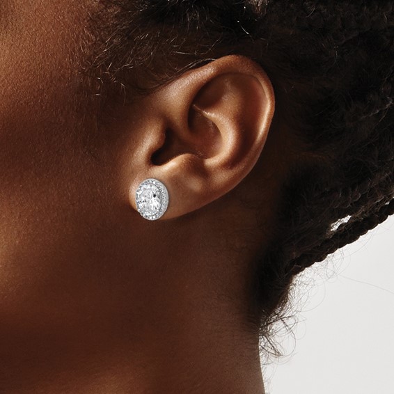 Cheryl M Sterling Silver Rhodium-plated Polished Fancy Oval CZ Halo Post Earrings