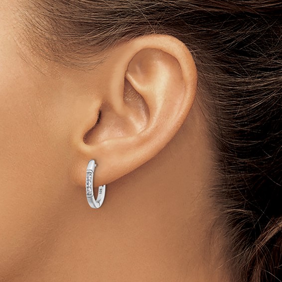 Cheryl M Sterling Silver Rhodium-plated Polished and Grooved CZ Oval Hinged Hoop Earrings