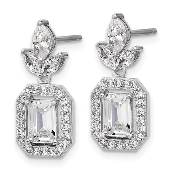Cheryl M Sterling Silver Rhodium-plated Polished Fancy Emerald-cut CZ Halo Post Dangle Earrings