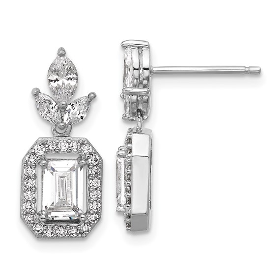 Cheryl M Sterling Silver Rhodium-plated Polished Fancy Emerald-cut CZ Halo Post Dangle Earrings