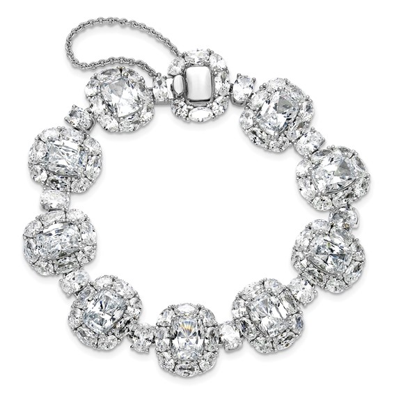 Cheryl M Sterling Silver Rhodium-plated Polished Fancy Cushion-cut CZ Halo Cluster with Safety Chain Bracelet