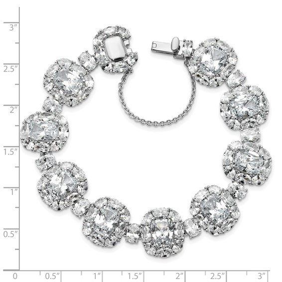 Cheryl M Sterling Silver Rhodium-plated Polished Fancy Cushion-cut CZ Halo Cluster with Safety Chain Bracelet