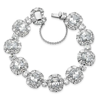 Cheryl M Sterling Silver Rhodium-plated Polished Fancy Cushion-cut CZ Halo Cluster with Safety Chain Bracelet