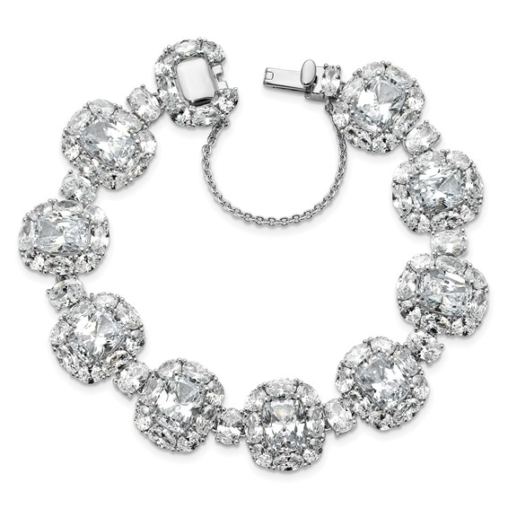 Cheryl M Sterling Silver Rhodium-plated Polished Fancy Cushion-cut CZ Halo Cluster with Safety Chain Bracelet