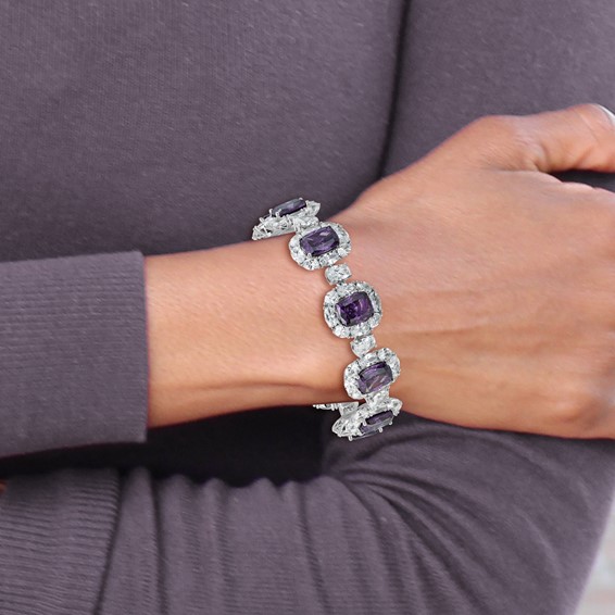 Cheryl M Sterling Silver Rhodium-plated Polished Fancy Purple and White CZ Halo Cluster with Safety Chain 7 Inch Bracelet