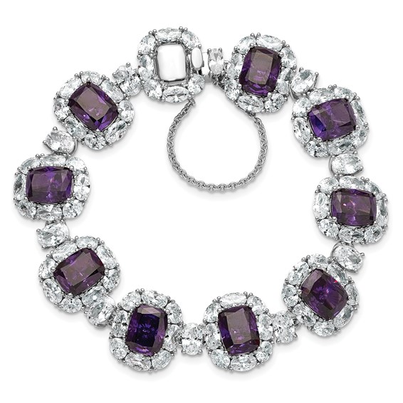 Cheryl M Sterling Silver Rhodium-plated Polished Fancy Purple and White CZ Halo Cluster with Safety Chain 7 Inch Bracelet