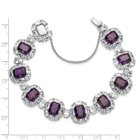 Cheryl M Sterling Silver Rhodium-plated Polished Fancy Purple and White CZ Halo Cluster with Safety Chain 7 Inch Bracelet