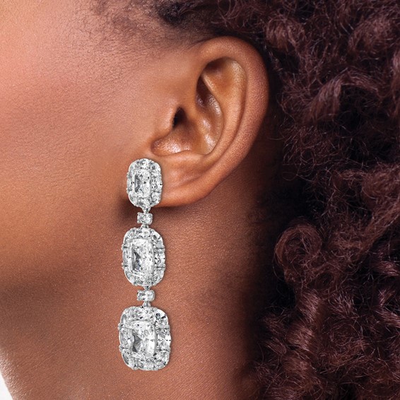 Cheryl M Sterling Silver Rhodium-plated Polished Fancy Cushion-cut CZ Halo Cluster Post Dangle Earrings